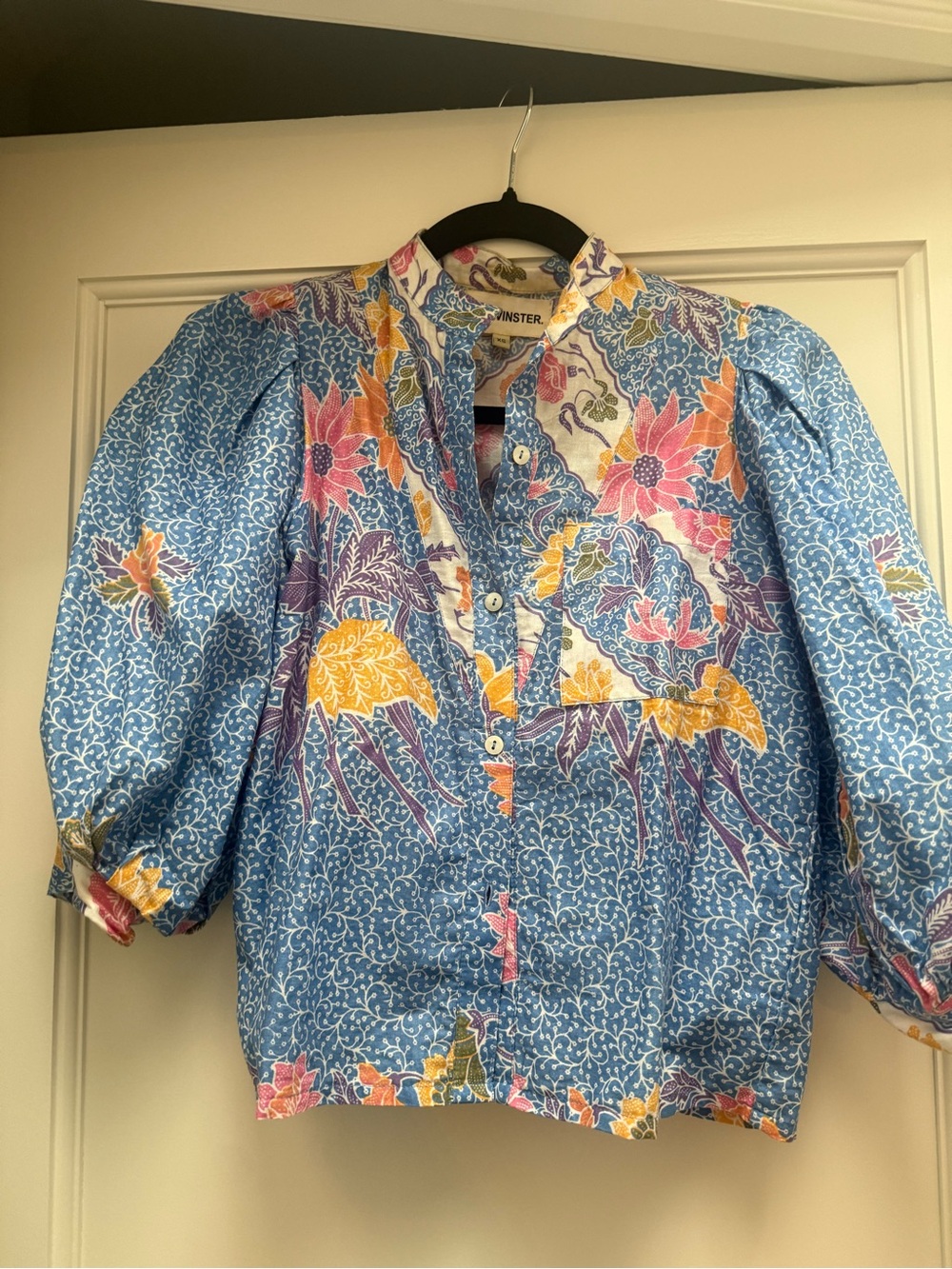Blue Floral Button-Front Puff Sleeve Top